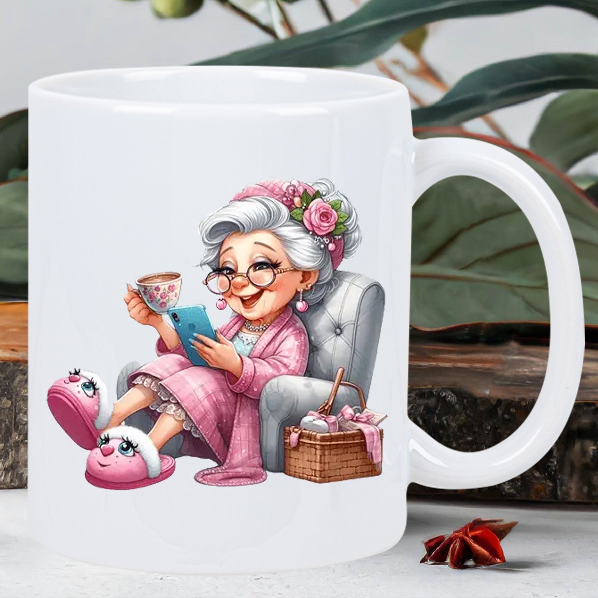 Tailorly White Ceramic 11 oz Mug - Cheerful Elderly Woman Wearing Pink Robe And Slippers Holding Smartphone Grandmother