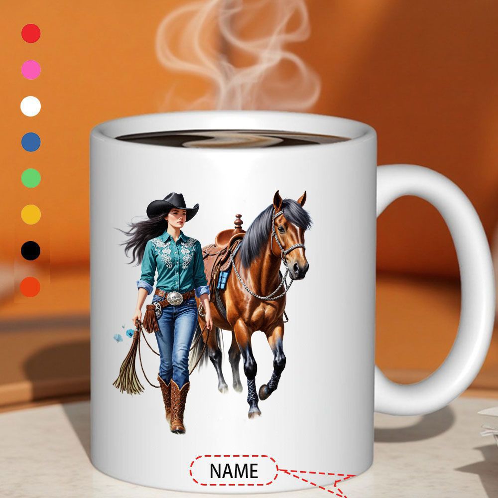 Tailorly White Ceramic 11 oz Mug - Majestic Brown Steed Walking Beside A Determined Western Attired Cowgirl Horse