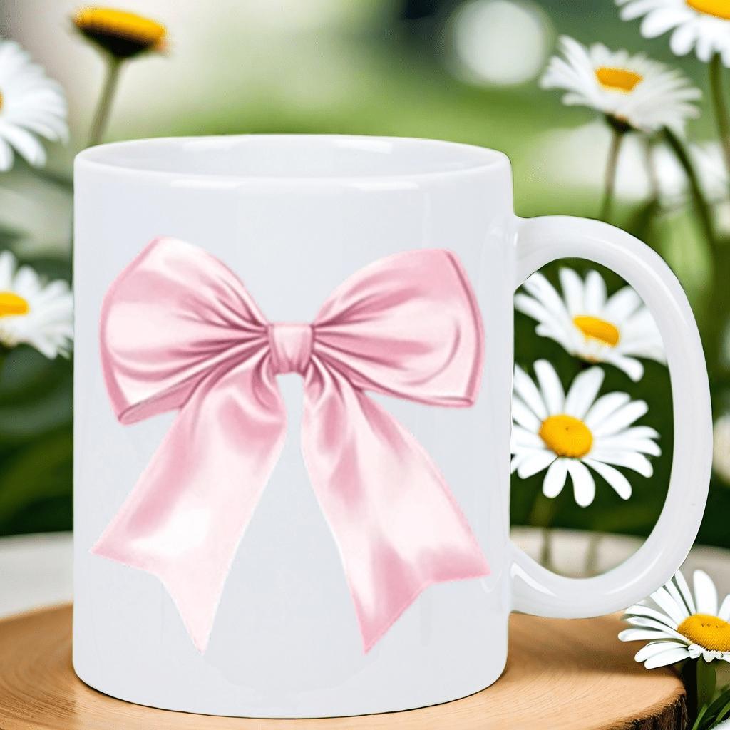 Tailorly White Ceramic 11 oz Mug - Delicate Satin Ribbon Elegantly Tied In A Soft Pink Silk Bow