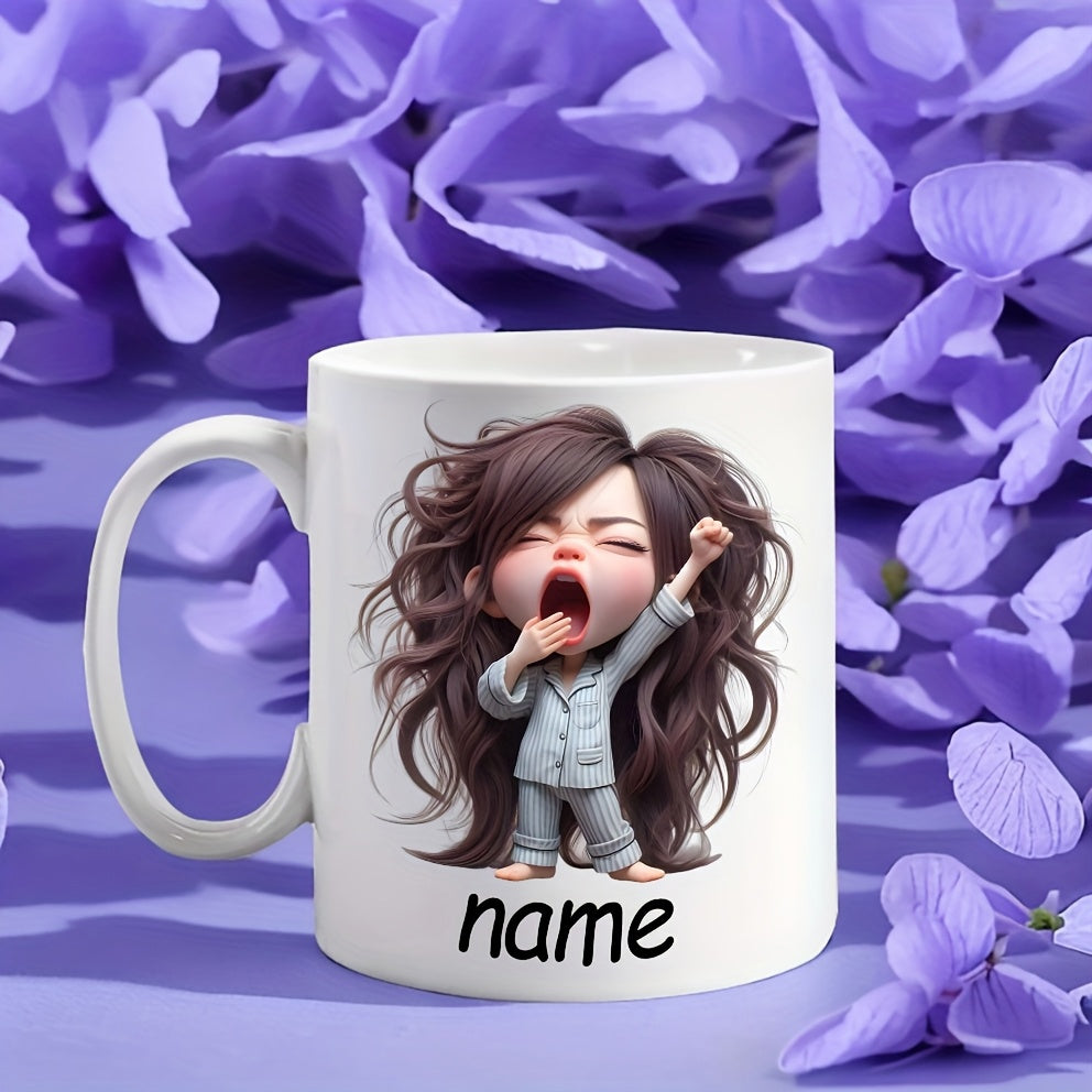 Tailorly White Ceramic 11 oz Mug - Name Tired Sleepy Girl With Voluminous Messy Hair Wearing Blue Pajamas Girl