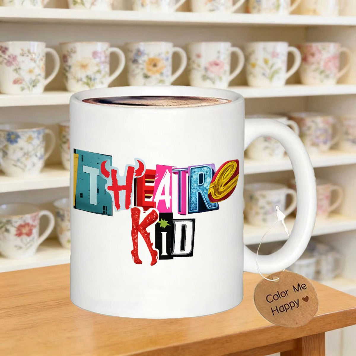 Tailorly White Ceramic 11 oz Mug - Theatre Kid Vibrant Multi Colored Collage Style Mismatched Artistic Letters Sign