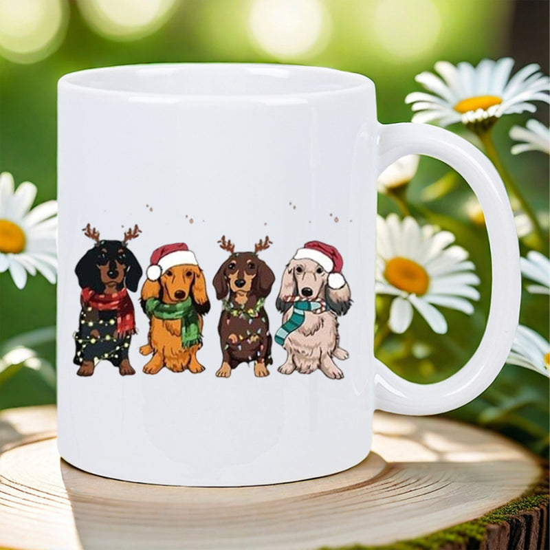 Tailorly White Ceramic 11 oz Mug - Festive Group Of Four Little Puppies Wearing Colorful Scarves And Christmas Accessories Dachshund