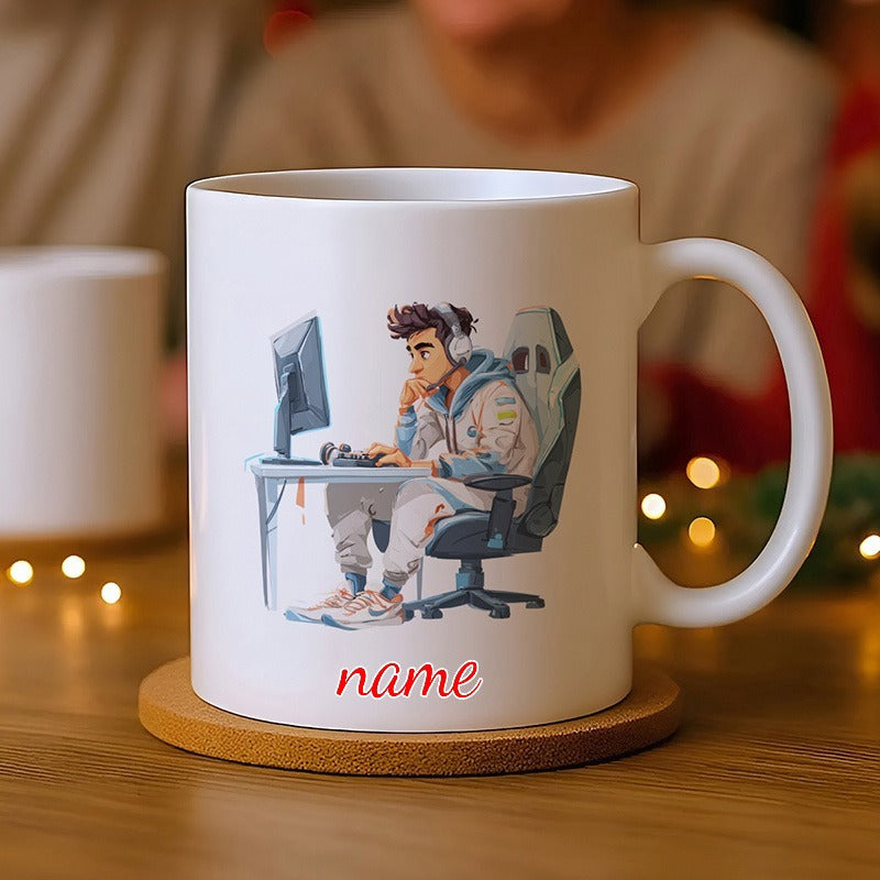 Tailorly White Ceramic 11 oz Mug - Name Modern Young Boy Sitting At Desk Wearing Professional Gaming Headphones Gamer