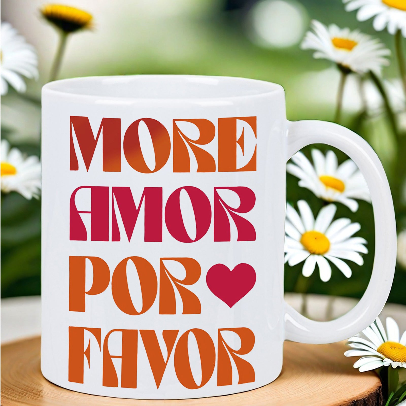 Tailorly White Ceramic 11 oz Mug - More Amor Por Favor Retro Groovy Styling With A Cute Vibrant Red Heart Mug