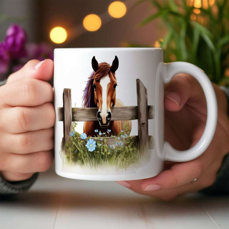 Tailorly White Ceramic 11 oz Mug - Majestic Brown Animal Peering Over A Rustic Wooden Fence With Wildflowers Horse