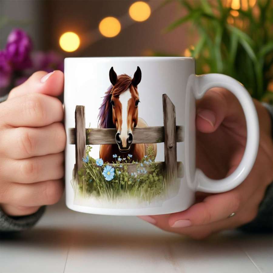 Tailorly White Ceramic 11 oz Mug - Majestic Brown Animal Peering Over A Rustic Wooden Fence With Wildflowers Horse