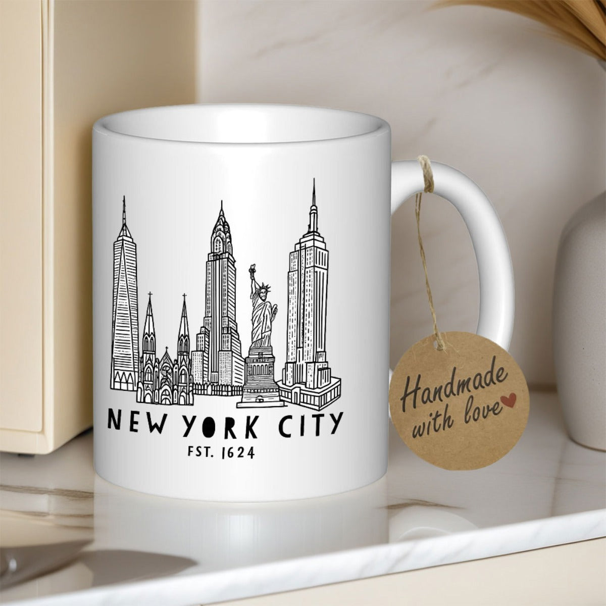 Tailorly White Ceramic 11 oz Mug - New York City Est 1624 Iconic Urban Landmarks Featuring Famous Skyscrapers And The Statue Of Liberty Skyline