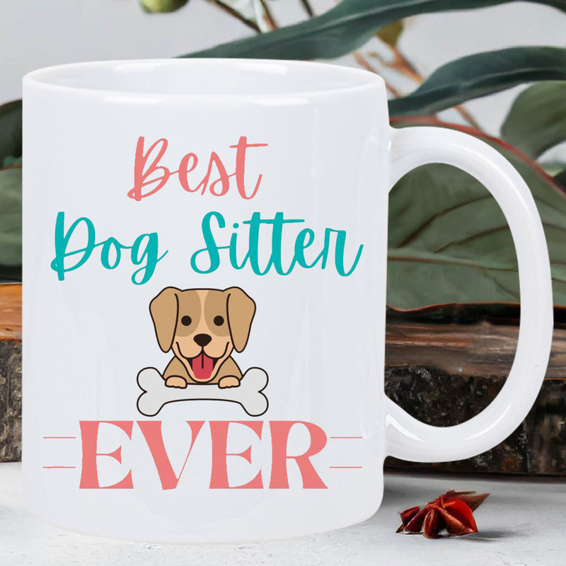 Tailorly White Ceramic 11 oz Mug - Best Dog Sitter Ever Friendly Brown Puppy Smiling Over A Large White Marrow Bone Dog
