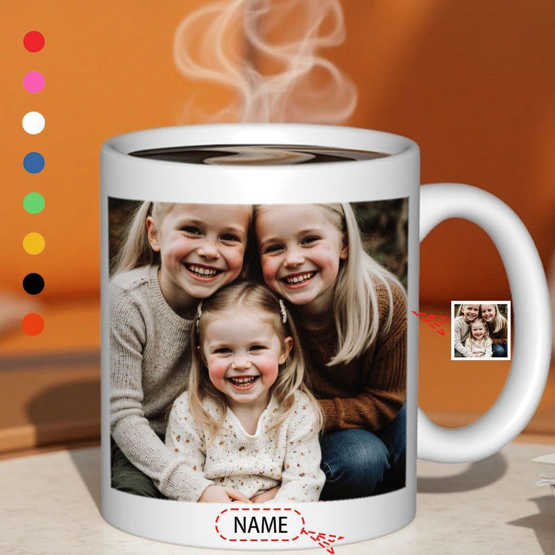 Tailorly White Ceramic 11 oz Mug - Name Three Happy Smiling Sisters Sitting Together In Cozy Warm Portrait