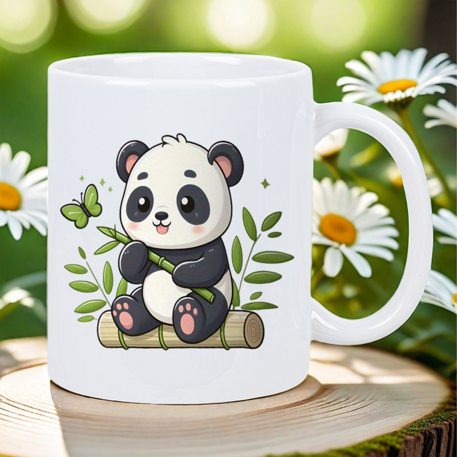 Tailorly White Ceramic 11 oz Mug - Cute Cartoon Character Sitting On Bamboo With Green Leaves And Butterfly Panda