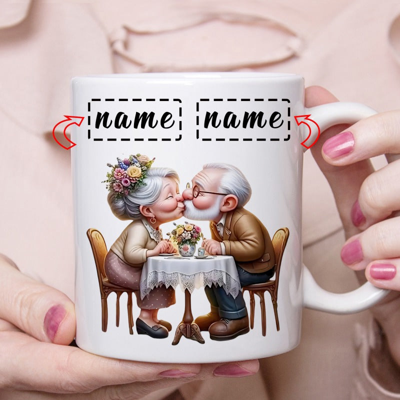 Tailorly White Ceramic 11 oz Mug - Name Charming Elderly Couple Kissing While Sitting At A Romantic Dinner Table Couple