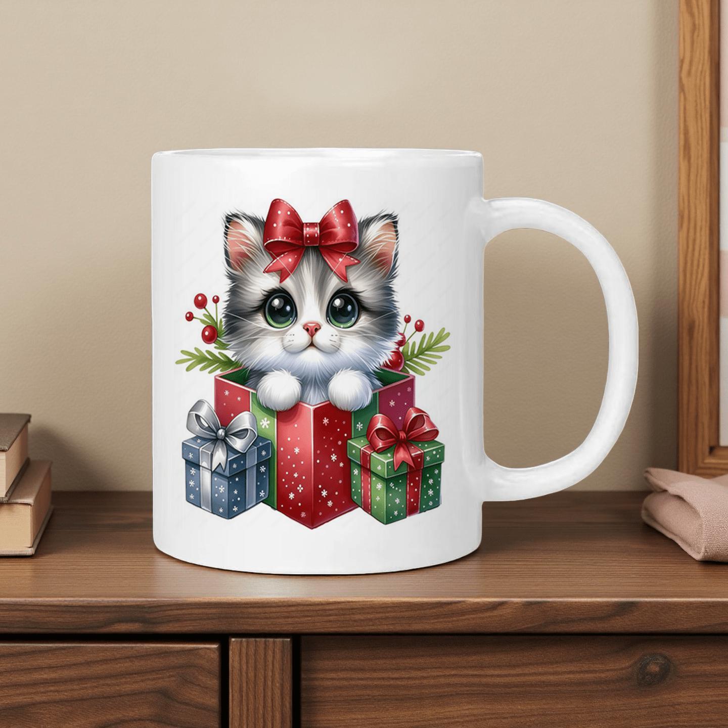 Tailorly White Ceramic 11 oz Mug - Adorable Fluffy Kitten Sitting Inside Festive Red Gift Box Surrounded By Presents Cat