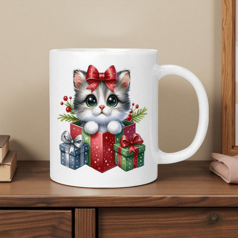 Tailorly White Ceramic 11 oz Mug - Adorable Fluffy Kitten Sitting Inside Festive Red Gift Box Surrounded By Presents Cat