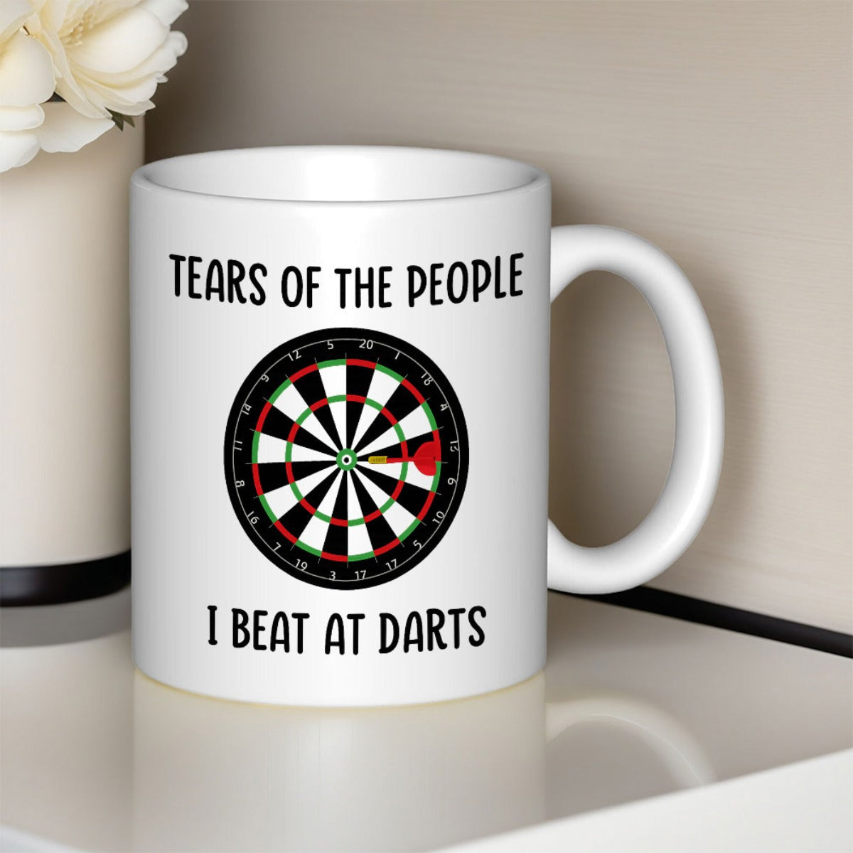 Tailorly White Ceramic 11 oz Mug - Tears Of The People I Beat At Darts Classic Circular Sporting Equipment With Concentric Rings And Target Dartboard