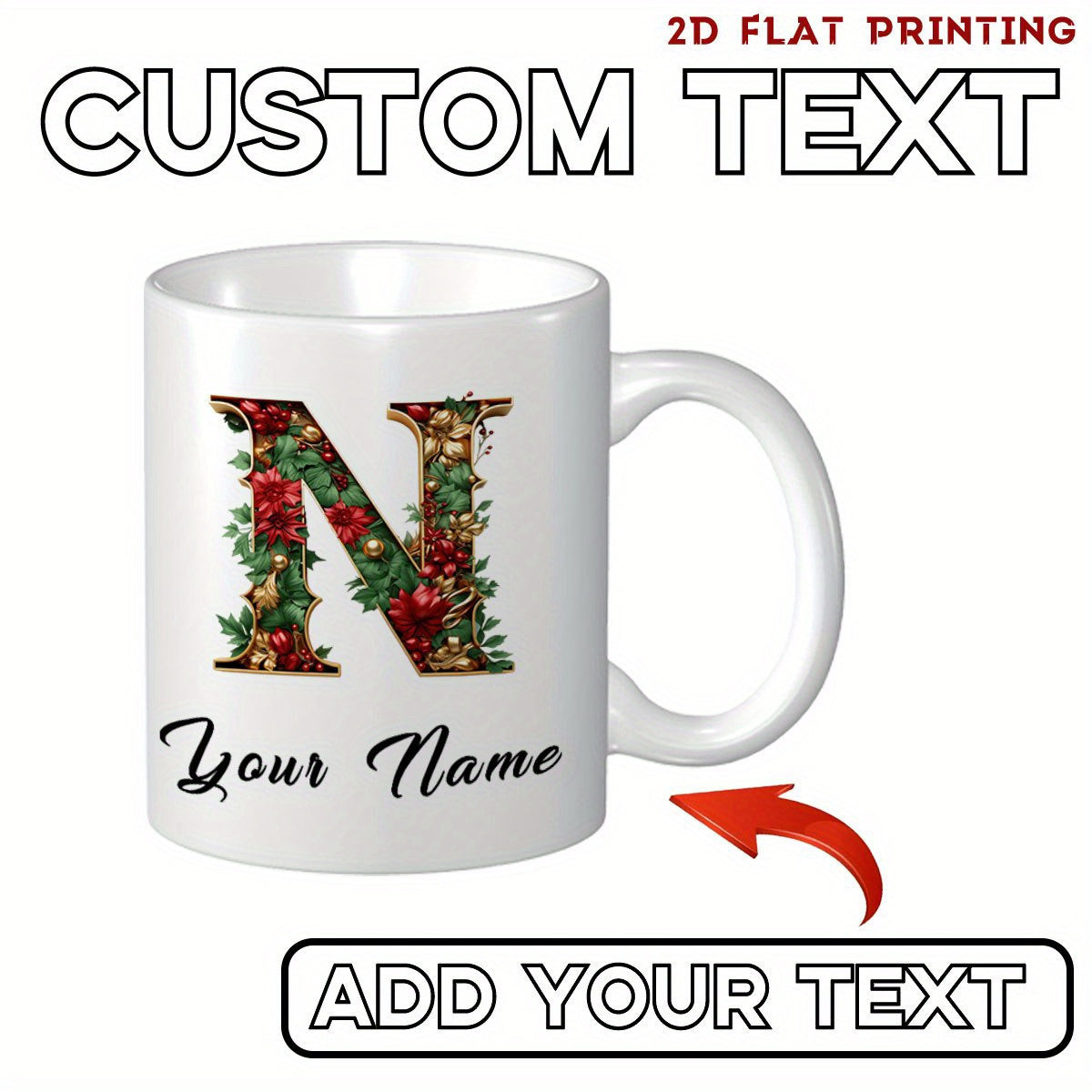 Tailorly White Ceramic 11 oz Mug - Your Name Elegant Holiday Style Decorated With Red Roses And Holly Leaves Initial