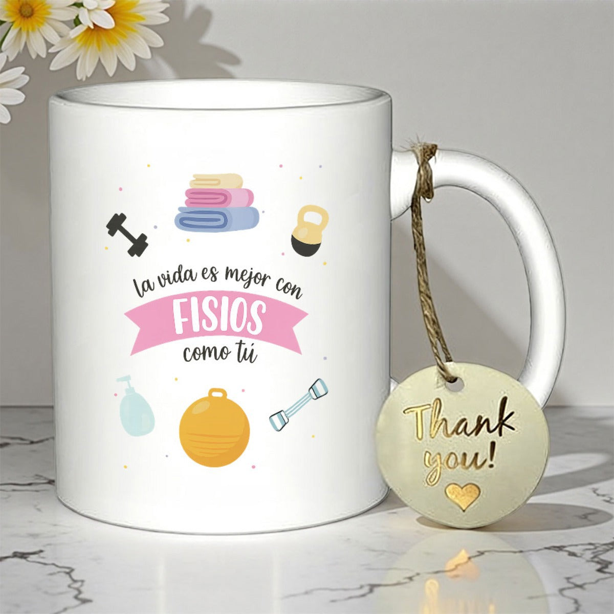 Tailorly White Ceramic 11 oz Mug - Thank You Minimalist Fitness Equipment Icons Arranged Around Central Quote Mug