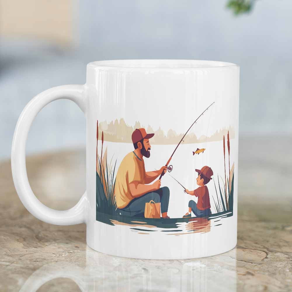 Tailorly White Ceramic 11 oz Mug - Peaceful Lake Side With Father And Son Holding Fishing Rods Fisherman
