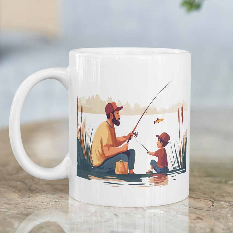 Tailorly White Ceramic 11 oz Mug - Peaceful Lake Side With Father And Son Holding Fishing Rods Fisherman