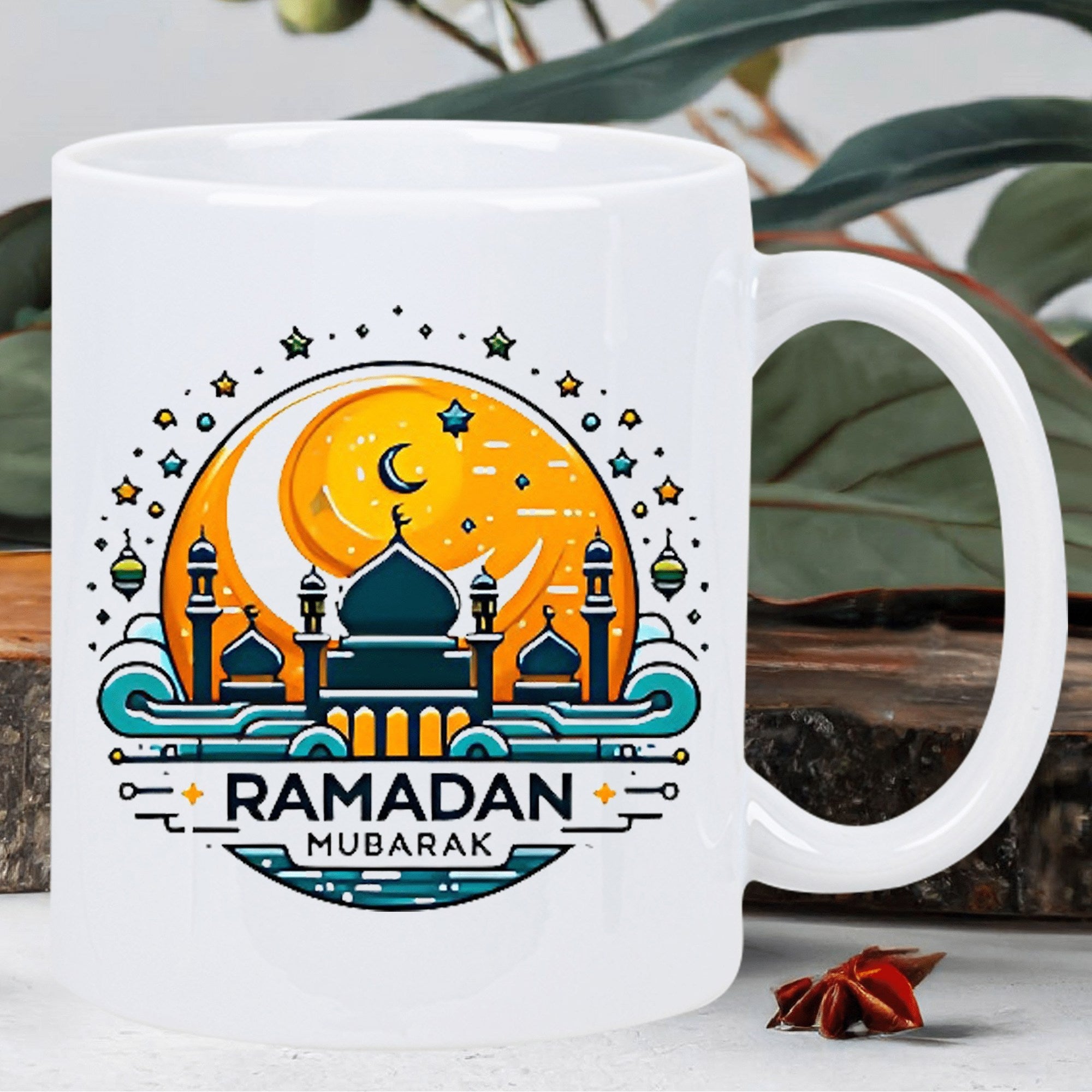 Tailorly White Ceramic 11 oz Mug - Ramadan Mubarak Serene Islamic Night Sky With Golden Crescent Moon And Sparkling Stars Mosque