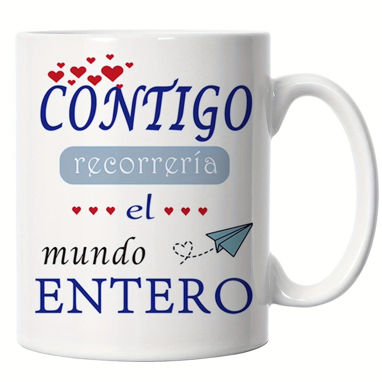 Tailorly White Ceramic 11 oz Mug - Floating Red Hearts Above Minimalist Paper Airplane Following A Dotted Path Paper Airplane