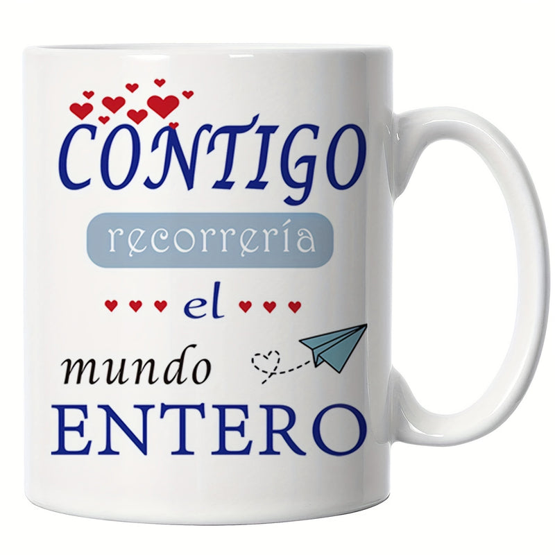 Tailorly White Ceramic 11 oz Mug - Floating Red Hearts Above Minimalist Paper Airplane Following A Dotted Path Paper Airplane