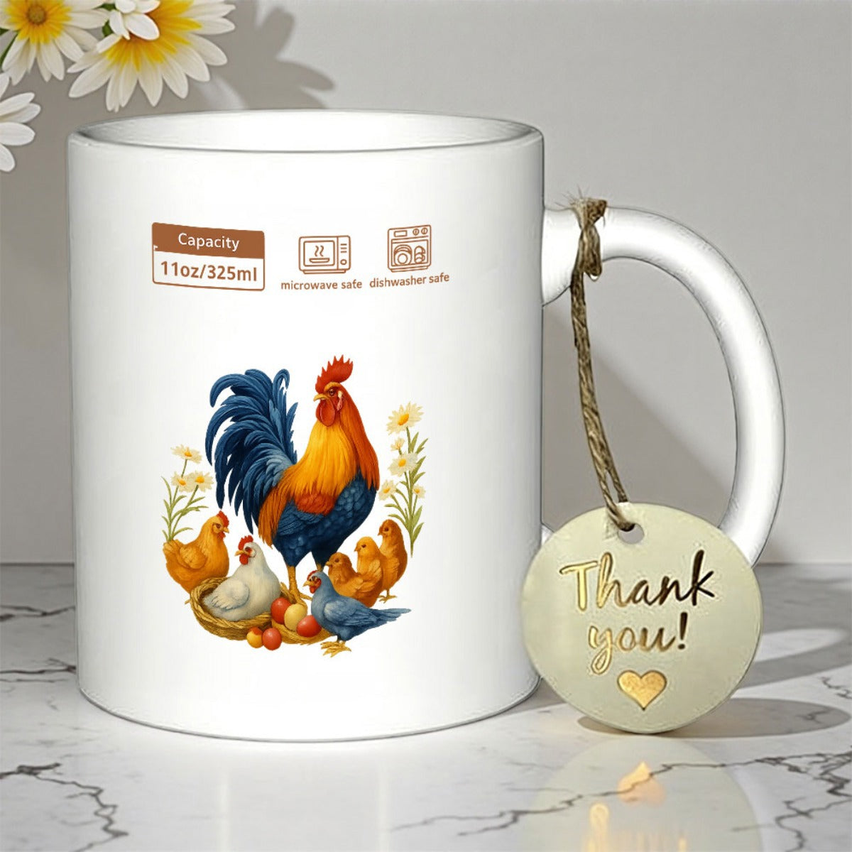 Tailorly White Ceramic 11 oz Mug - Thank You Majestic Farm Scenery With Colorful Rooster Among Hens And Small Chicks Rooster