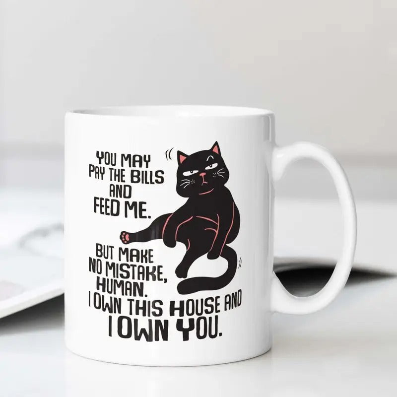 Tailorly White Ceramic 11 oz Mug - You May Pay The Bills And Feed Me But Make No Mistake Human I Own This House And I Own You Grumpy Black Kitten Sitting In A