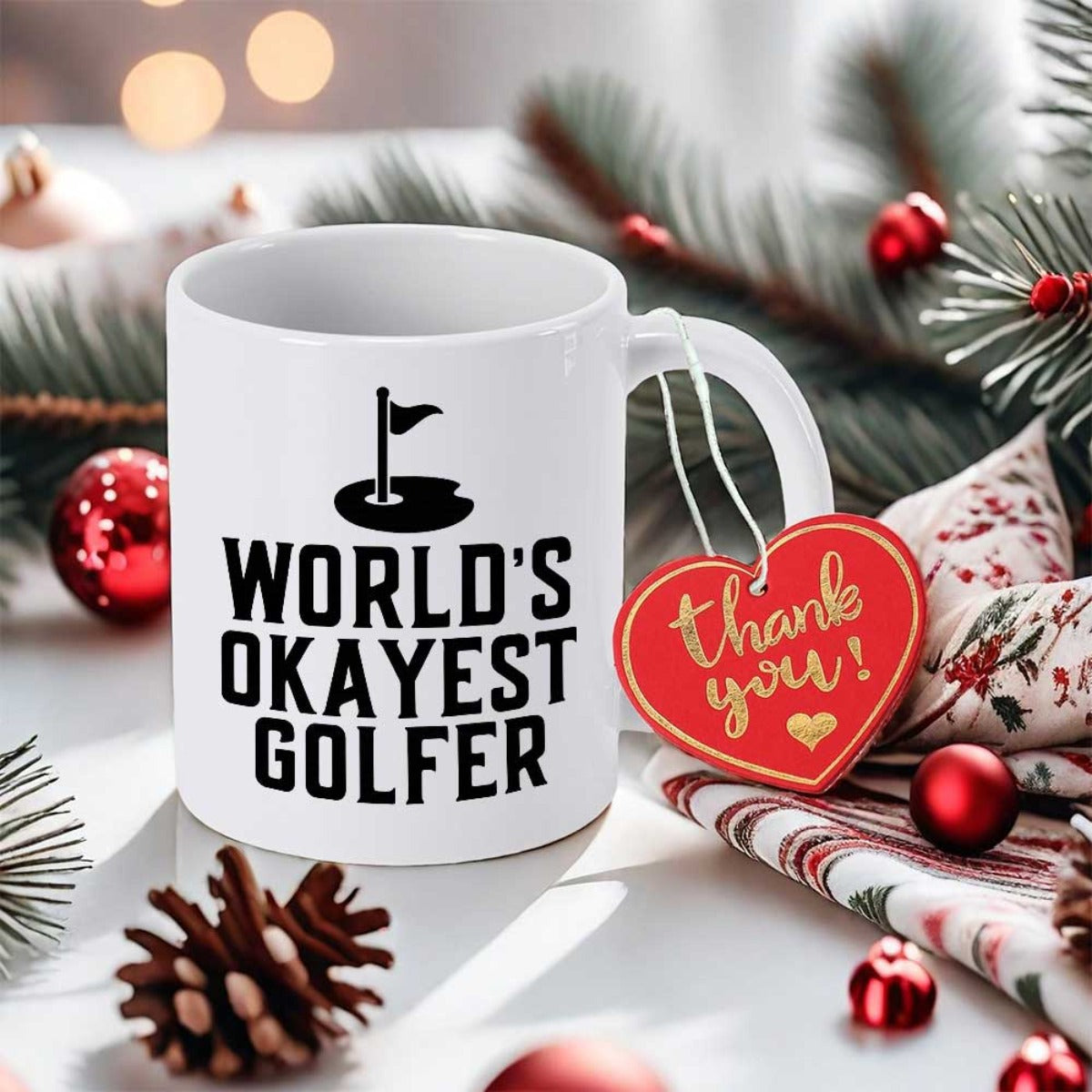 Tailorly White Ceramic 11 oz Mug - Worlds Okayest Golfer Minimalist Black Golf Flag Icon Centered On A Clean