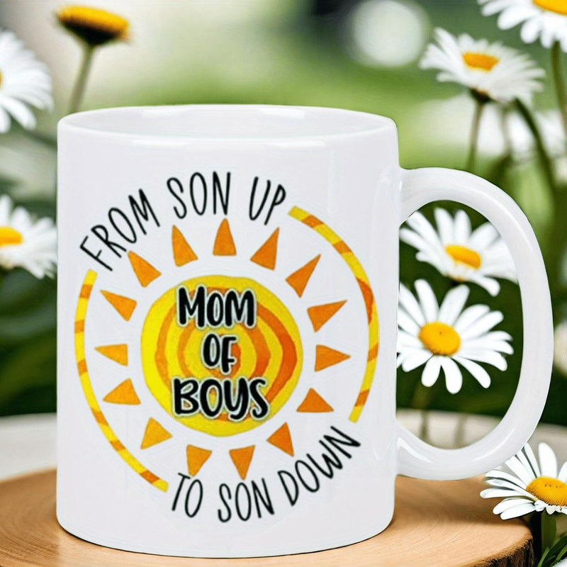 Tailorly White Ceramic 11 oz Mug - From Son Up To Son Down Mom Of Boys Radiant Yellow Sun With Orange Rays And Swirling Golden Center Sun