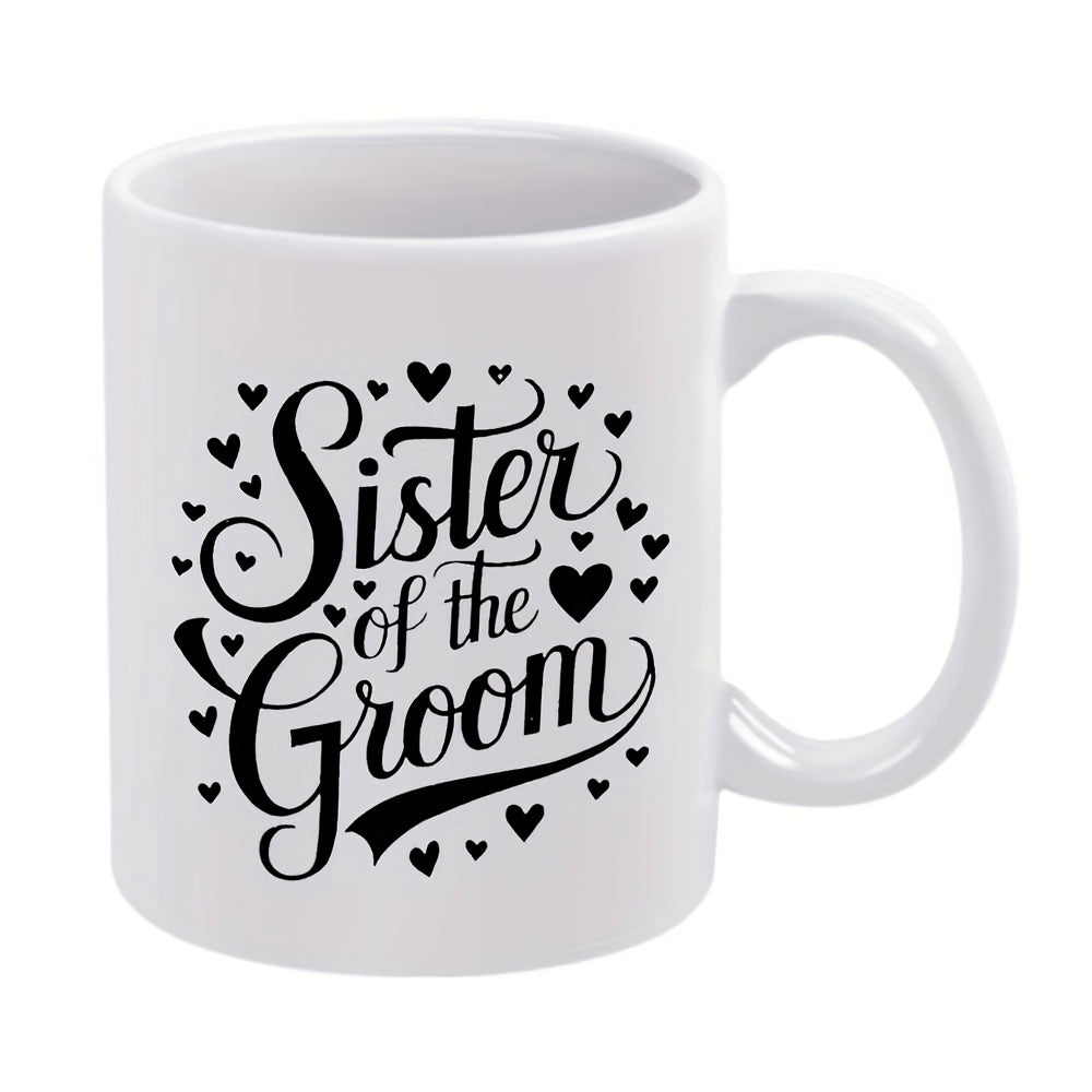 Tailorly White Ceramic 11 oz Mug - Sister Of The Groom Elegant Script Surrounded By Small Black Decorative Hearts Mug
