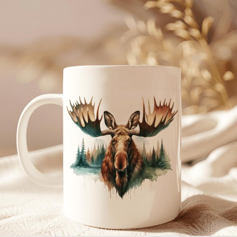 Tailorly White Ceramic 11 oz Mug - Majestic Wild Animal With Large Antlers Among Misty Evergreen Pine Forest Moose