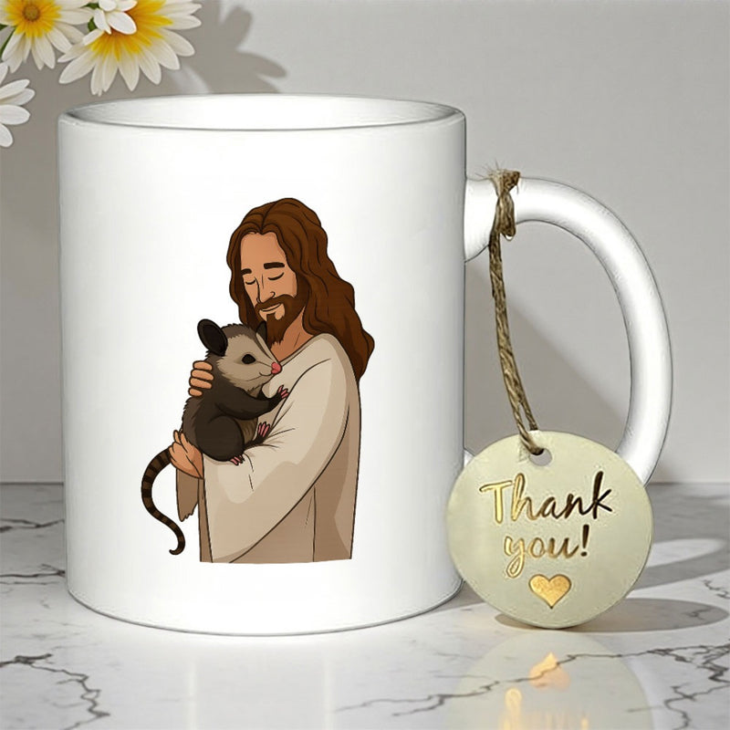 Tailorly White Ceramic 11 oz Mug - Thank You Religious Figure Cradling A Wild Animal With Compassion And Warmth Opossum