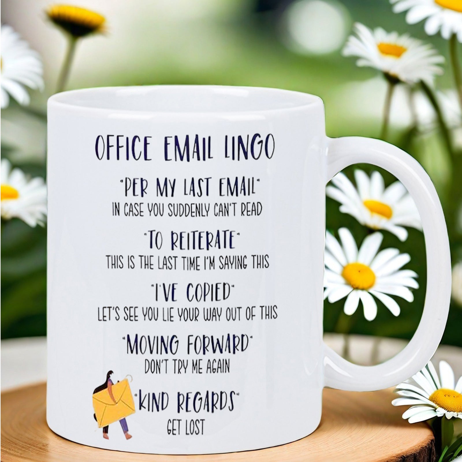 Tailorly White Ceramic 11 oz Mug - Office Email Lingo Minimalist Character Holding A Large Yellow Postal Mail Mug