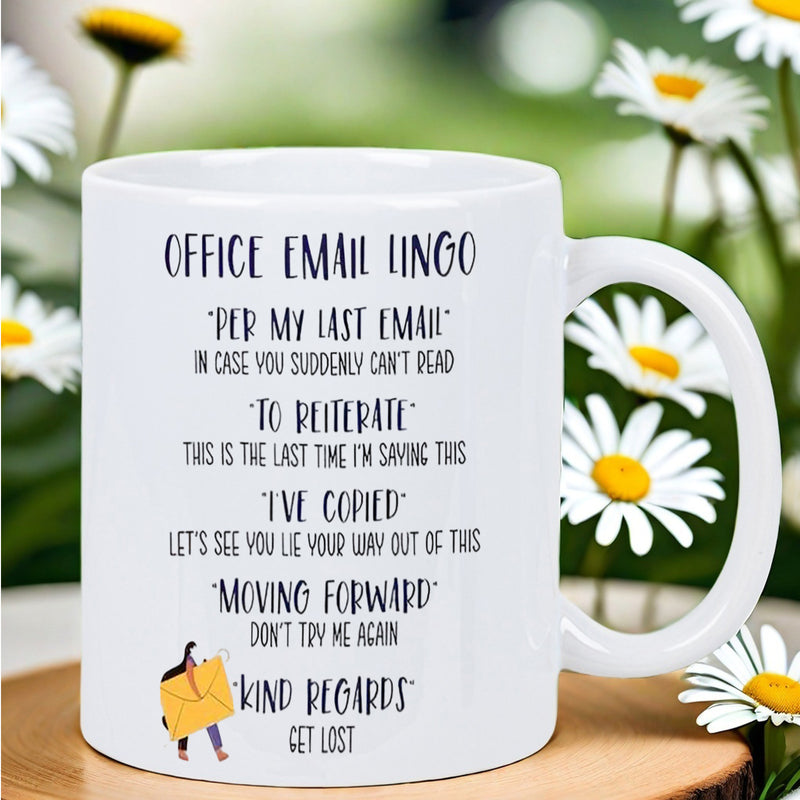 Tailorly White Ceramic 11 oz Mug - Office Email Lingo Minimalist Character Holding A Large Yellow Postal Mail Mug