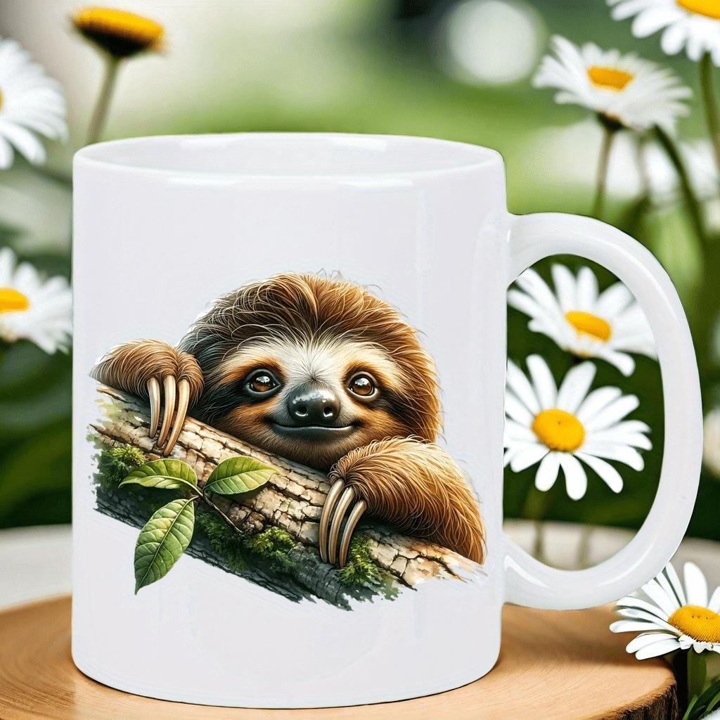 Tailorly White Ceramic 11 oz Mug - Cute Tropical Sloth Peeking Over Mossy Branch With Green Leaves Sloth