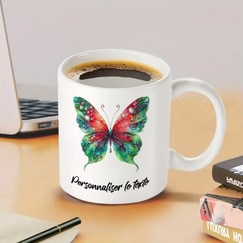 Tailorly White Ceramic 11 oz Mug - Vibrant Watercolor Wings With Sparkling Details Gracefully Floating On White Background Butterfly