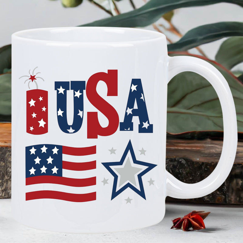 Tailorly White Ceramic 11 oz Mug - USA Patriotic Elements With Stars And Stripes Displayed In Bold Primary Colors Flag