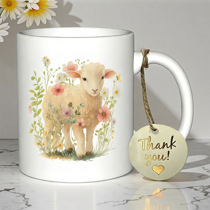 Tailorly White Ceramic 11 oz Mug - Thank You Gentle Woolly Lamb Standing Amidst Delicate Pink Wildflowers In Spring Meadow Lamb