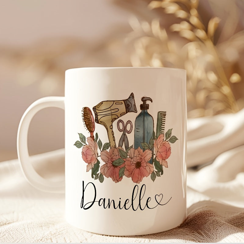 Tailorly White Ceramic 11 oz Mug - Danielle Professional Hair Styling Tools Resting Inside Delicate Pink Floral Arrangement Mug