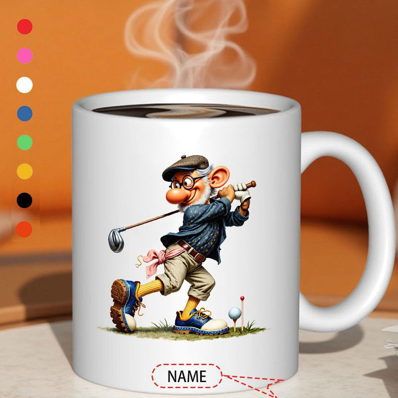Tailorly White Ceramic 11 oz Mug - Humorous Elderly Gentleman In Flat Cap Swinging Club On Green Grass Golfer