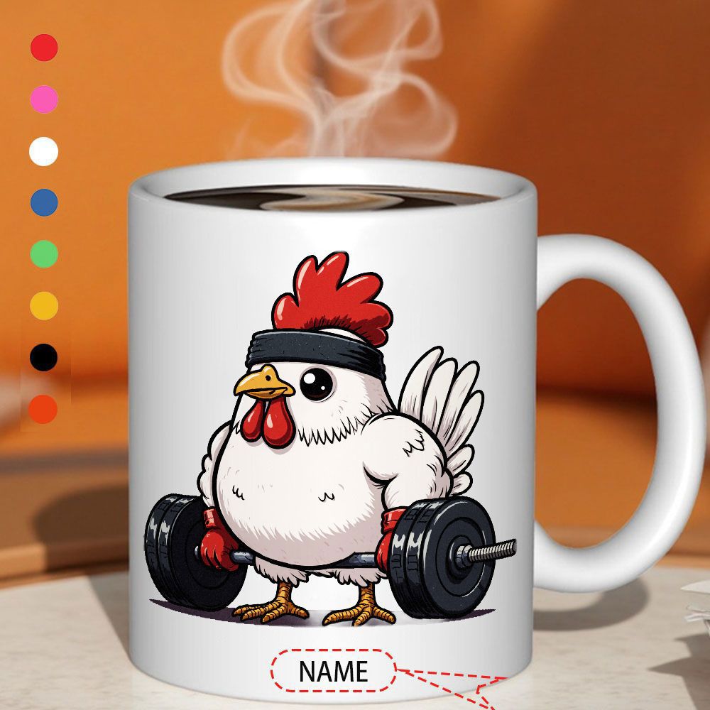 Tailorly White Ceramic 11 oz Mug - Name Muscular Cartoon White Bird Wearing Black Headband Lifting Heavy Weight Barbell Rooster