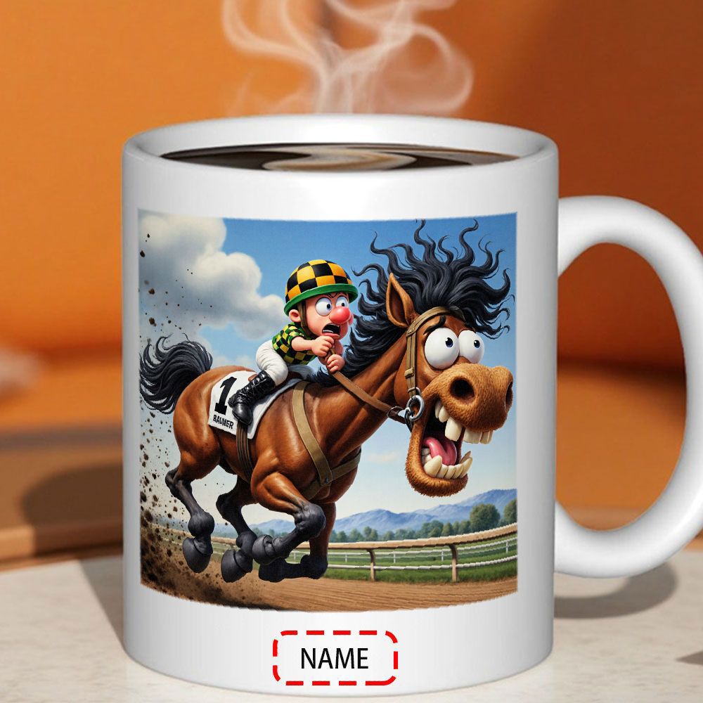 Tailorly White Ceramic 11 oz Mug - Name Humorous Cartoon Jockey Racing Fast Through Mud On Grassy Track Horse