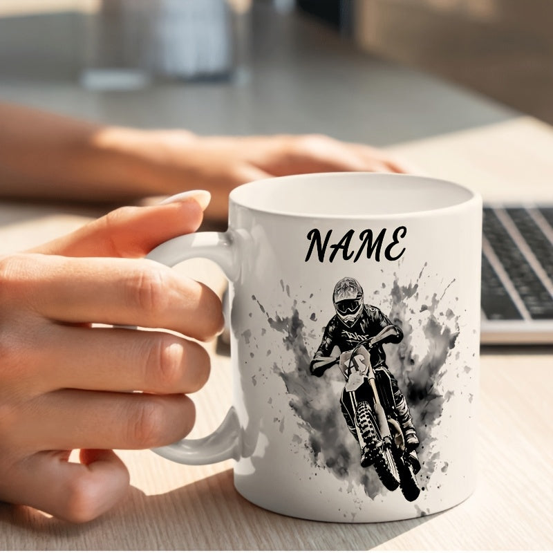 Tailorly White Ceramic 11 oz Mug - Name Dynamic Ink Splatter Effect Depicting A Racing Stunt Dirt Bike Rider