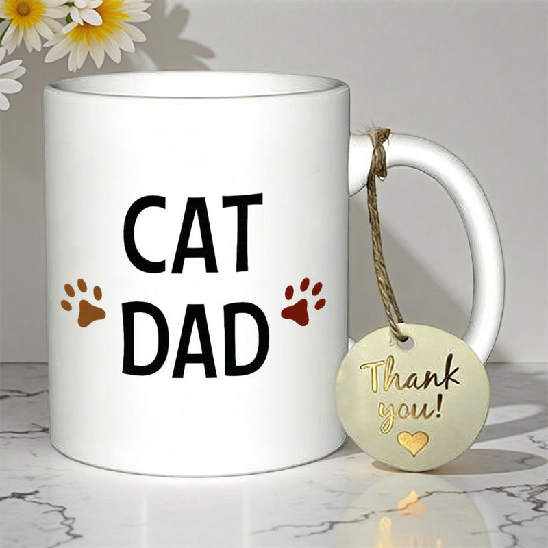 Tailorly White Ceramic 11 oz Mug - Cat Dad Minimalist Design Featuring Two Small Brown Animal Paw Prints Mug