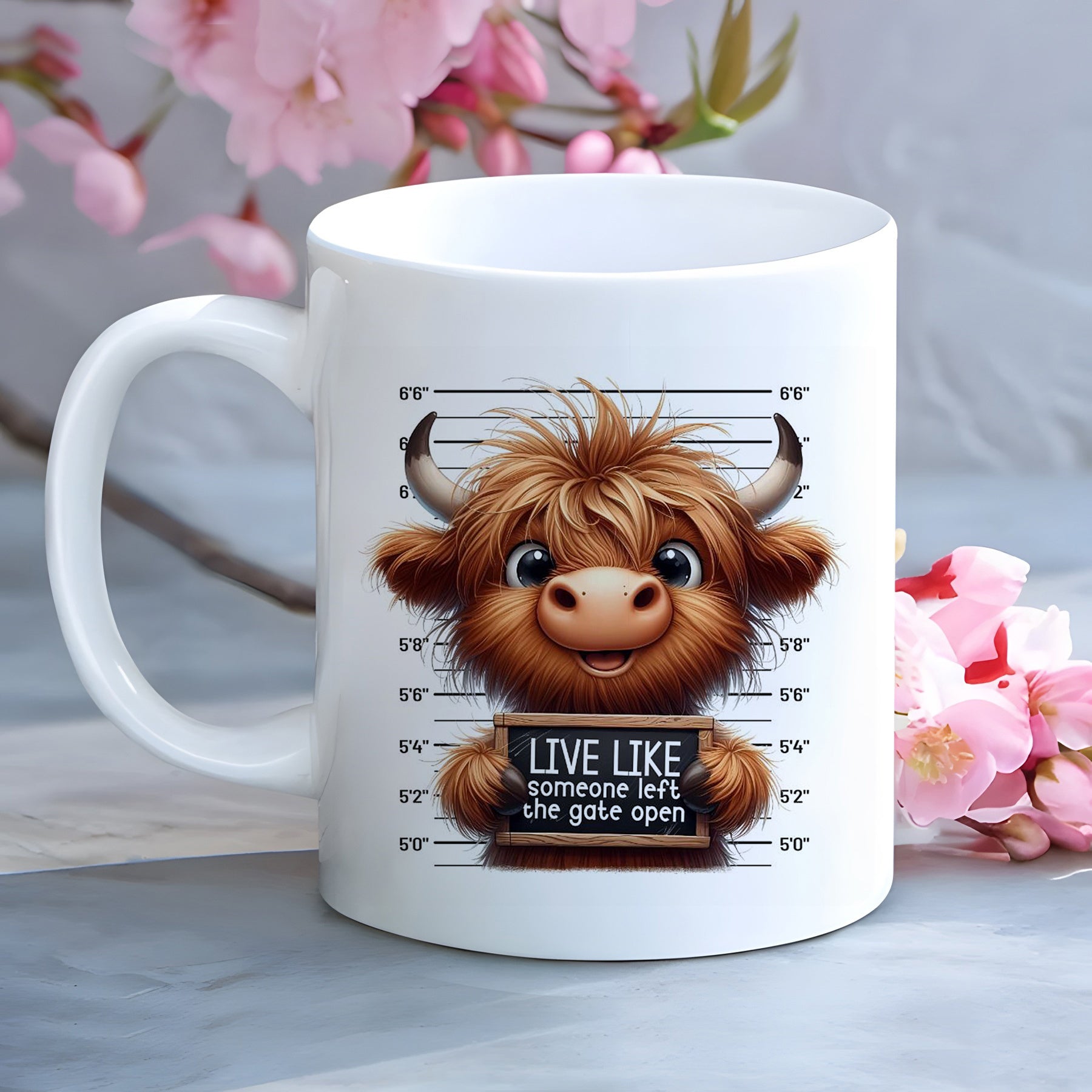 Tailorly White Ceramic 11 oz Mug - Live Like Someone Left The Gate Open Adorable Fluffy Animal Posing Against A Humorous Police Height Chart Highland Cow