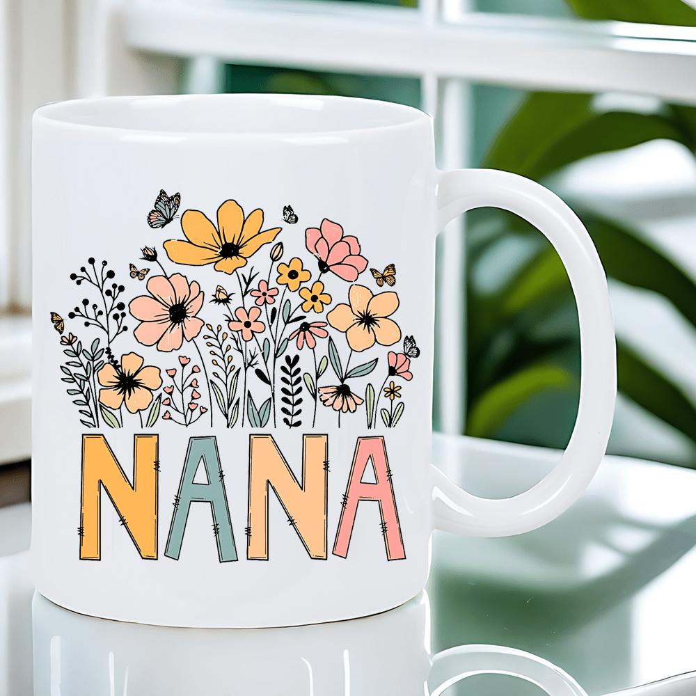 Tailorly White Ceramic 11 oz Mug - Nana Blooming Spring Garden With Delicate Butterflies Fluttering Among Wildflower Flower