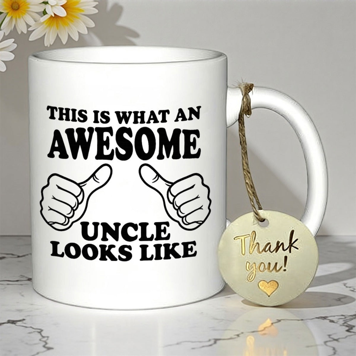 Tailorly White Ceramic 11 oz Mug - This Is What An Awesome Uncle Looks Like Two Thumbs Pointing Inward On A Minimalistic Clean