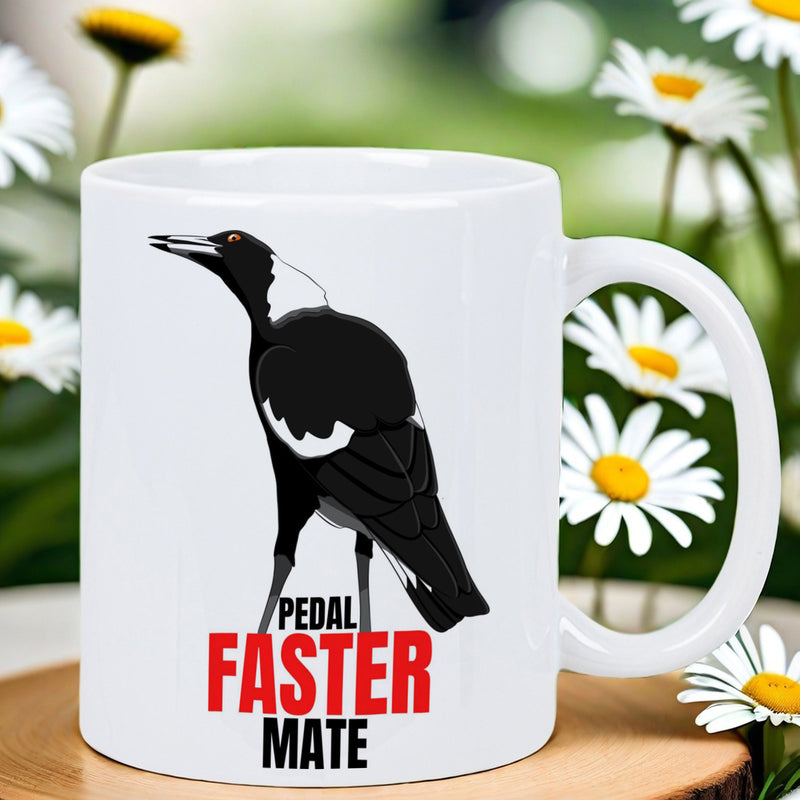 Tailorly White Ceramic 11 oz Mug - Pedal Faster Mate Stylized Black And White Australian Magpie Standing Alert With Bold Typography Magpie