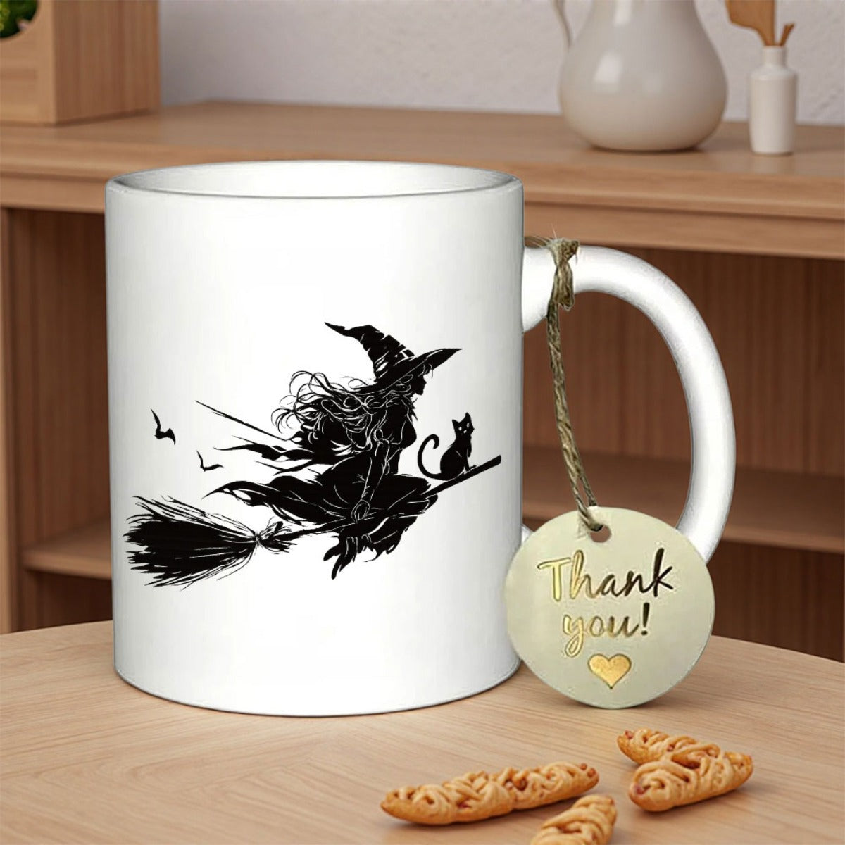 Tailorly White Ceramic 11 oz Mug - Thank You Mystical Silhouette Flying On Broomstick Under Moonlight With Black Cat Witch