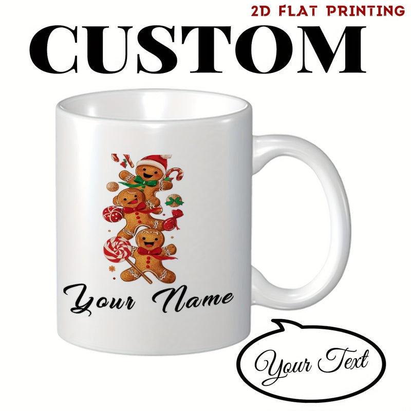 Tailorly White Ceramic 11 oz Mug - Your Name Your Text Custom Flat Printing Festive Stacked Holiday Gingerbread Men Holding Sweet Candy Treats Gingerbread Man